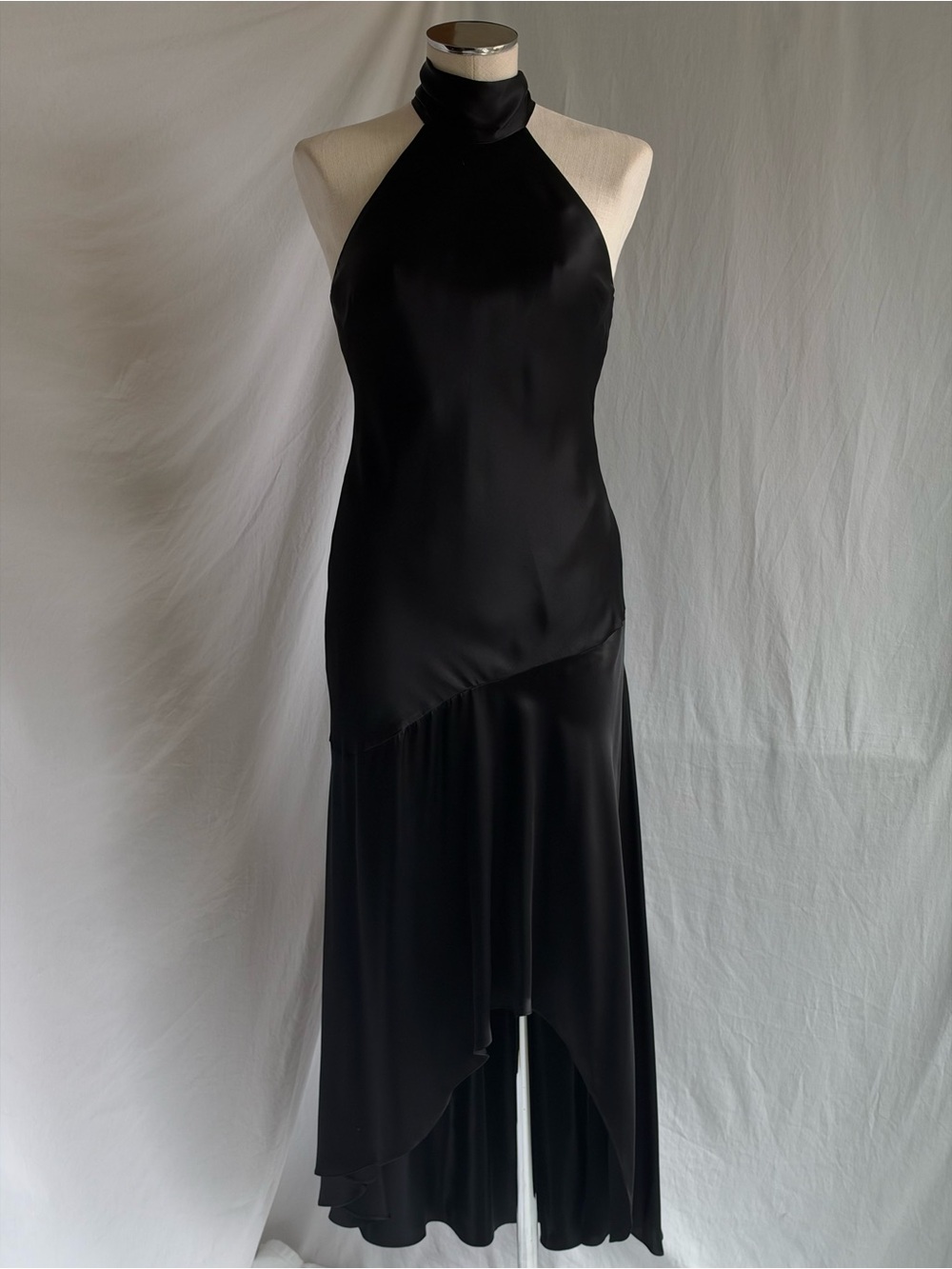 FRAME Draped Neck-Tie Halter Dress Black 100% Silk Asymmetric | Size XS